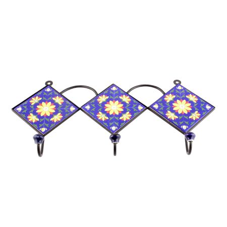 Navy Blue Yellow Sunflower Ceramic Tiles Hooks